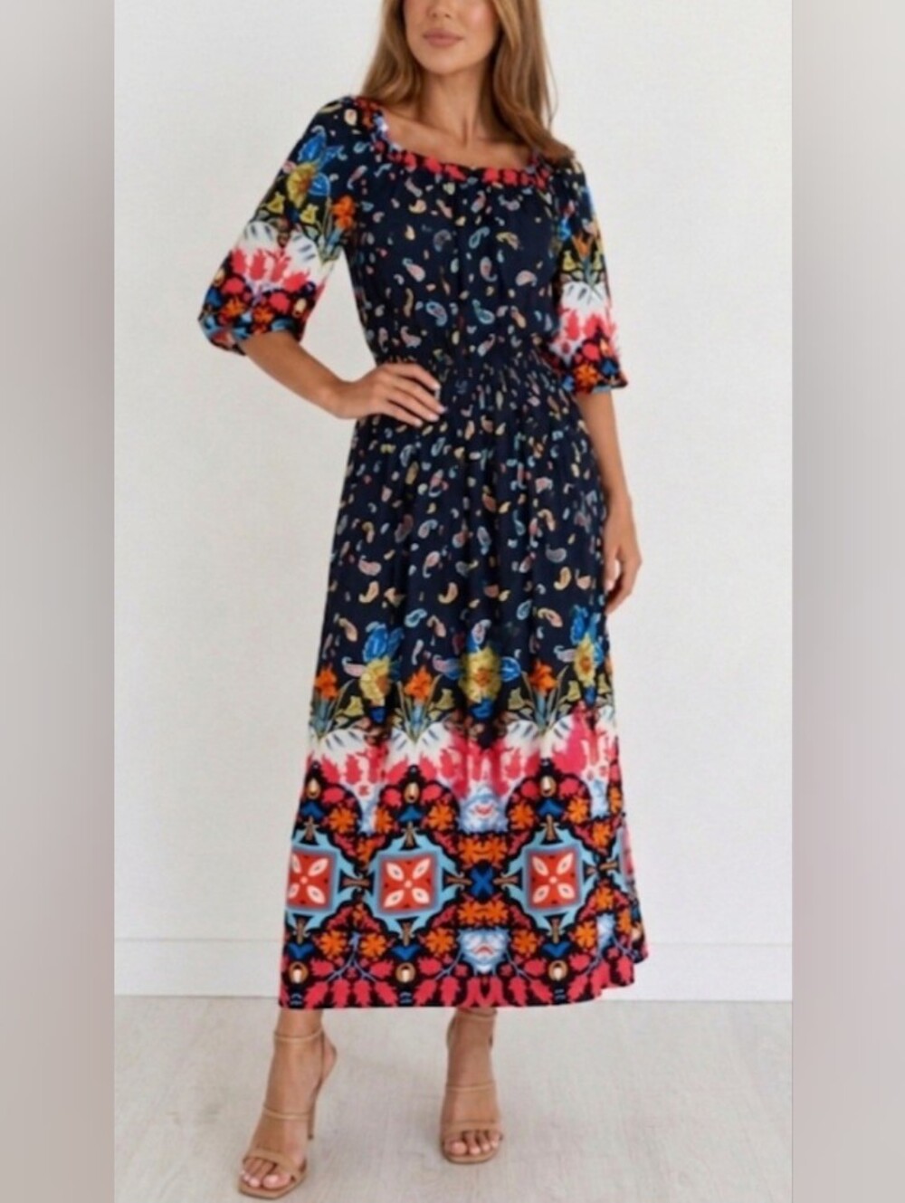 By Anthropologie Kaya Dress Blue Floral Smocked Cottagecore- Size S.